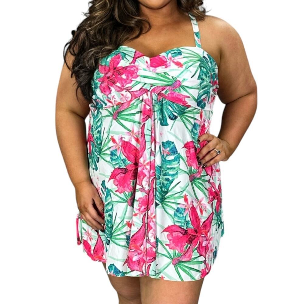 Nicole Miller Floral Twisted Bandeau Swim Dress Suit Plus Size 2X‎ 3X New